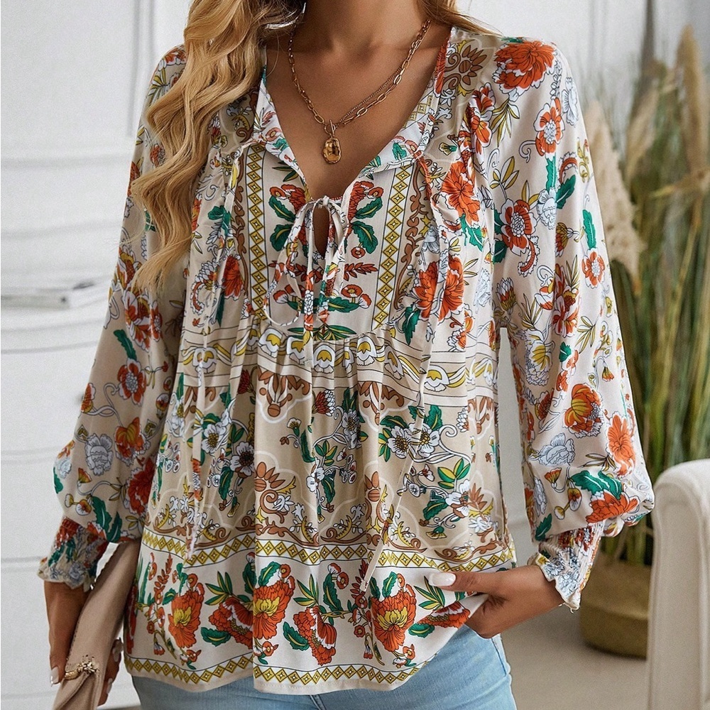 Boho Floral Print Tie Neck Lantern Sleeve Blouse